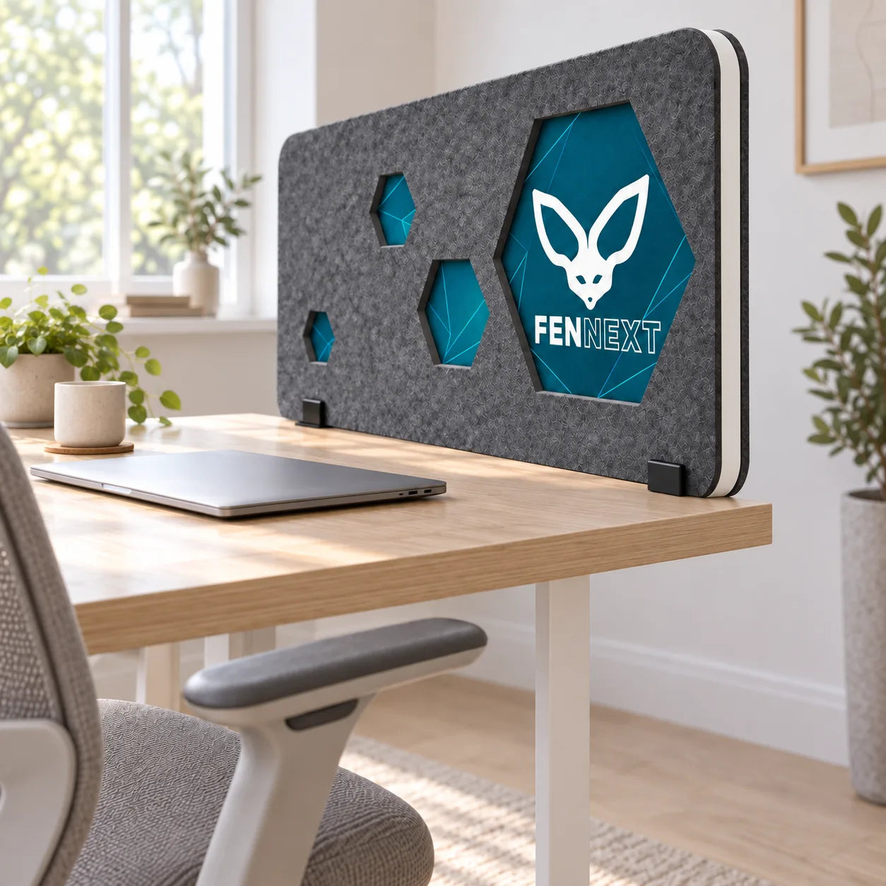 Desk Divider Icon Anthrazit mit Druckmotiv an einem hellen Eichen-Schreibtisch