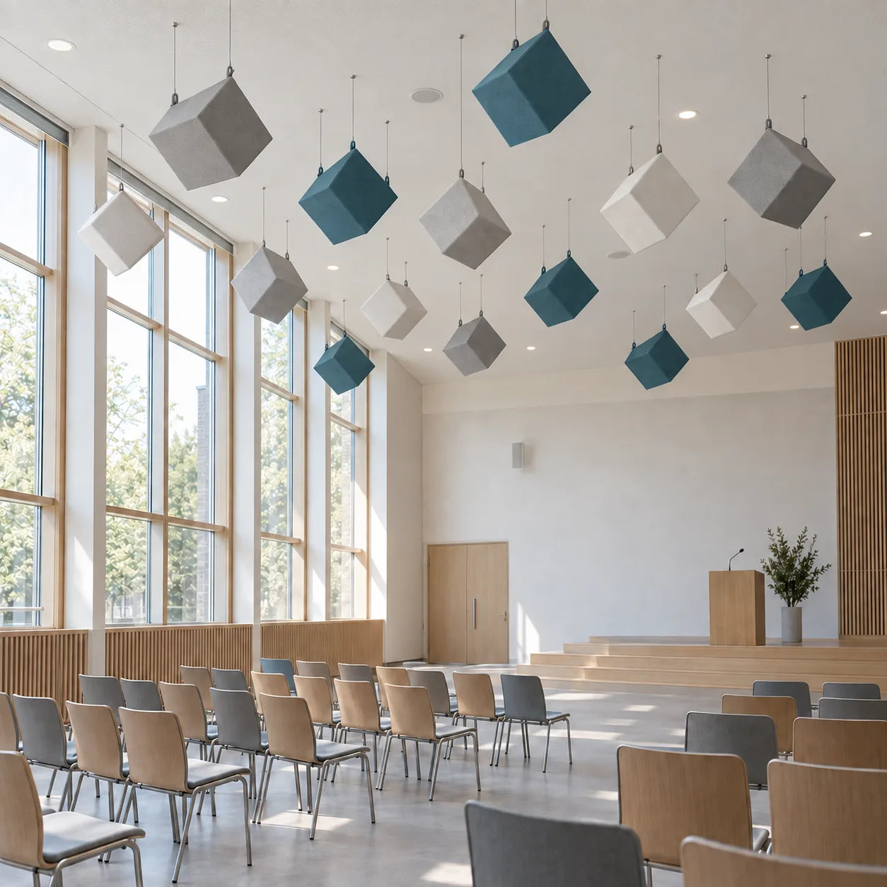 Sky Cubes in Petrol, Hellgrau und Weiß, an Seilen in einer hellen Aula abgehängt.