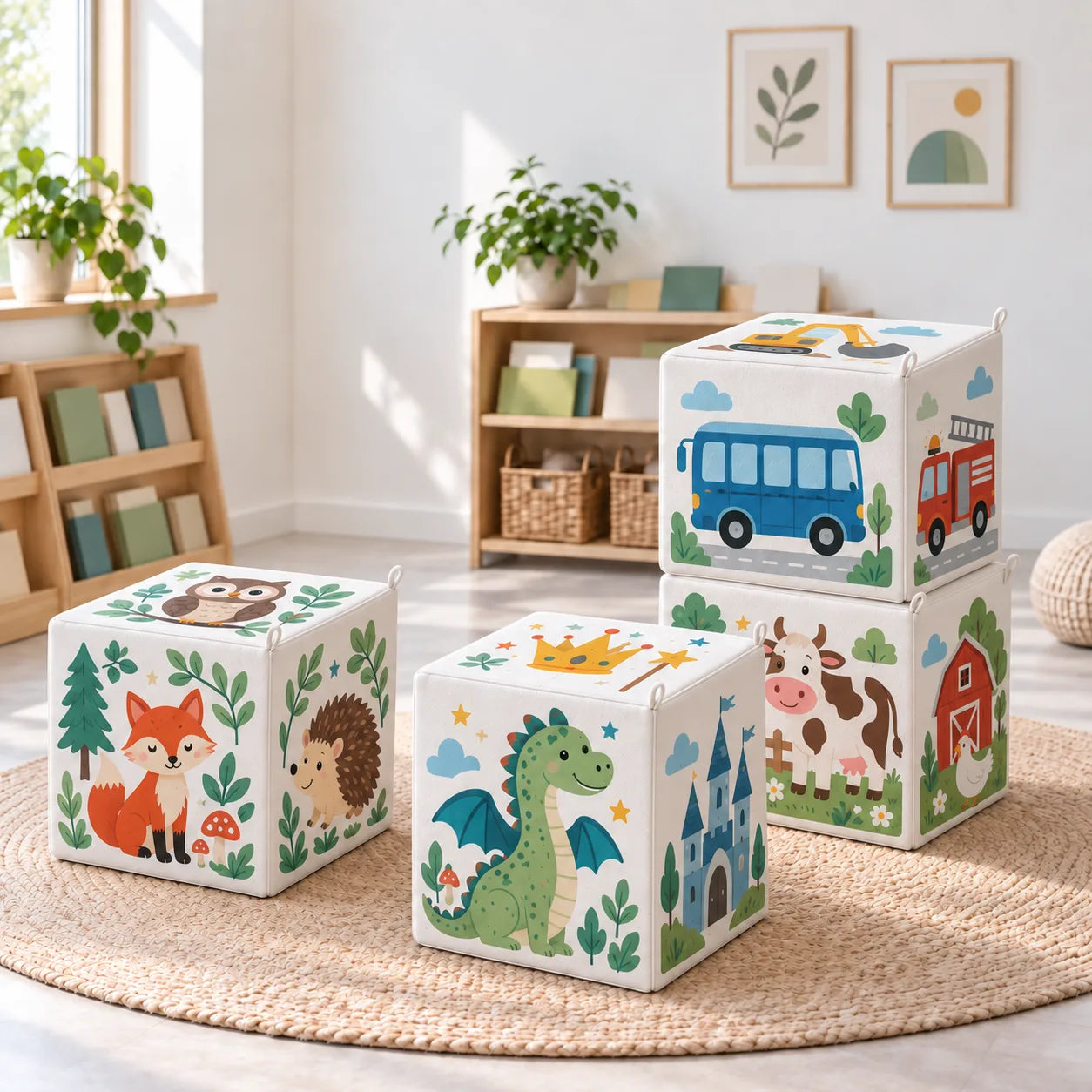 Bedruckte Sky Cubes am Boden und gestapelt: Märchen, Waldtiere, Fahrzeuge und Bauernhof.