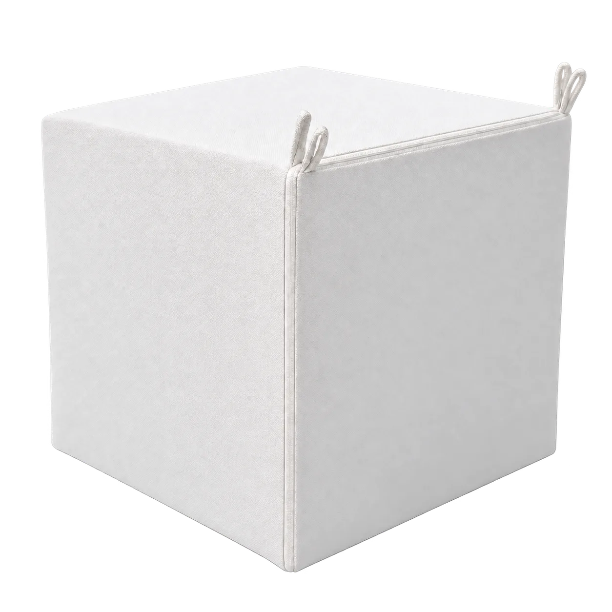 Sky Cube in Weiß mit textilem Bezug und sichtbaren Aufhängeschlaufen – Formbeispiel.