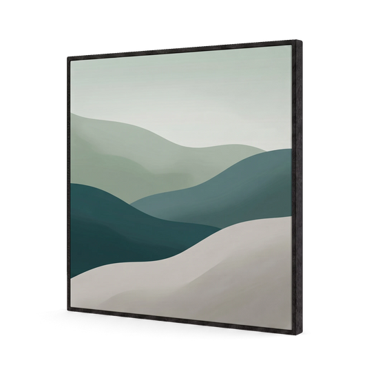 Akustikbild Pix Slimframe mit Landschaftsmotiv in Salbei und Petrol, schwarzer Filzrand, freigestellt