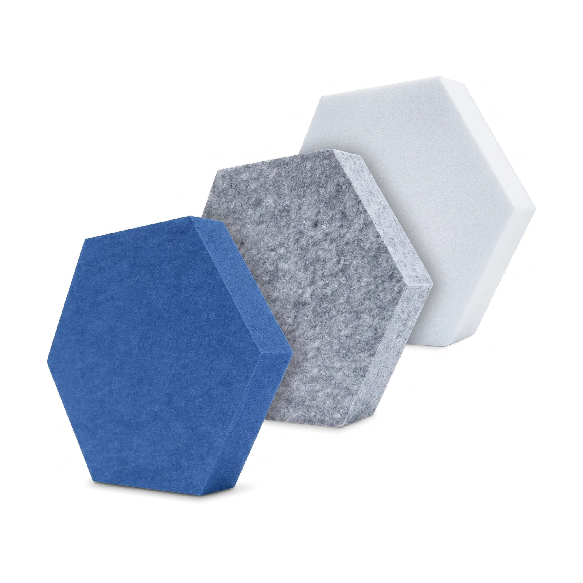 Fiber Hexa Set: Sechseck-Elemente aus PET-Filz in Blau, Grau meliert und Weiß im Vergleich