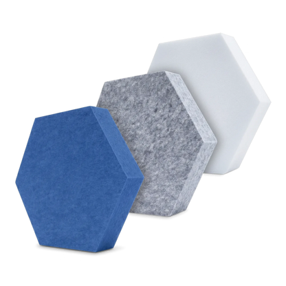Fiber Hexa Akustikelemente aus PET-Vlies in drei Farben, drei Sechsecke hintereinander