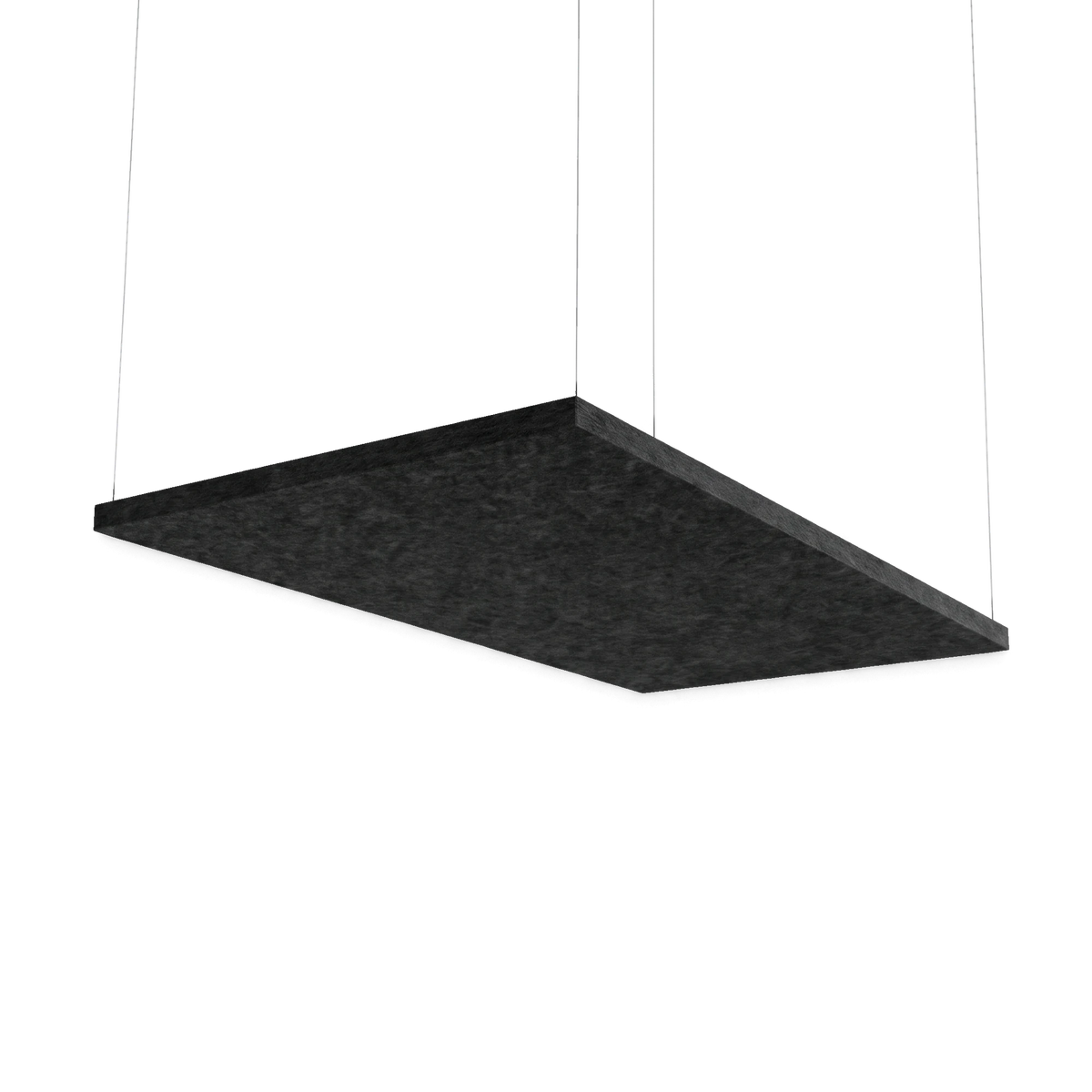 Fiber Sky Deckenpaneel 1500 × 1000 mm in Schwarz, an vier Drahtseilen abgehängt, freigestellt