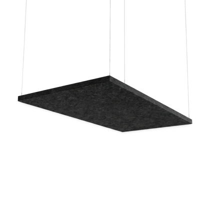 Fiber Sky Deckenpaneel 1500 × 1000 mm in Schwarz, an vier Drahtseilen abgehängt, freigestellt