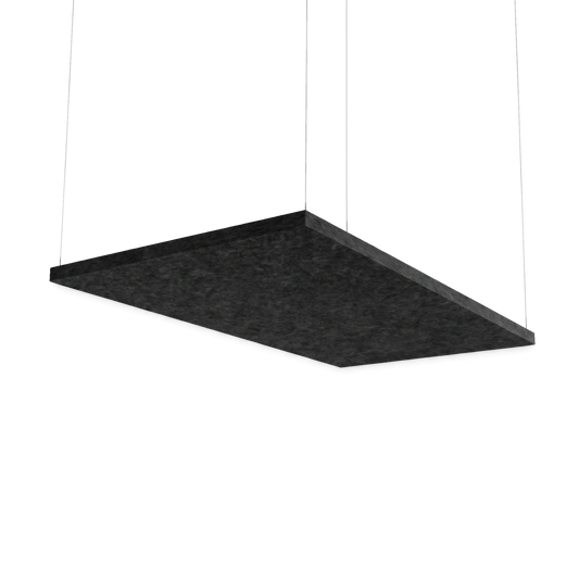 Fiber Sky Deckenpaneel 1500 × 1000 mm in Schwarz, an vier Drahtseilen abgehängt, freigestellt