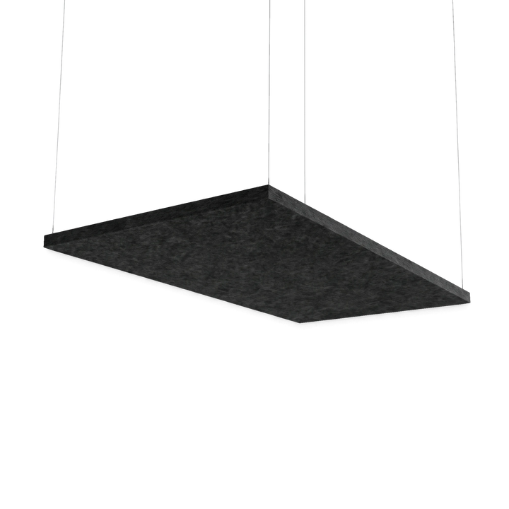 Fiber Sky Deckenpaneel 1500 × 1000 mm in Schwarz, an vier Drahtseilen abgehängt, freigestellt
