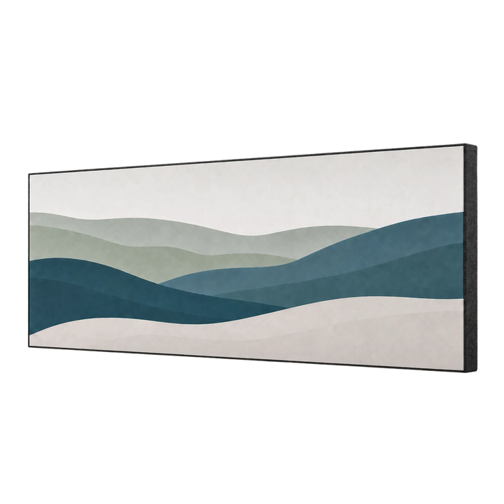 PIX Slim Frame in Salbei und Petrol, 1200 × 600 × 25 mm, schwarze Filzkante.