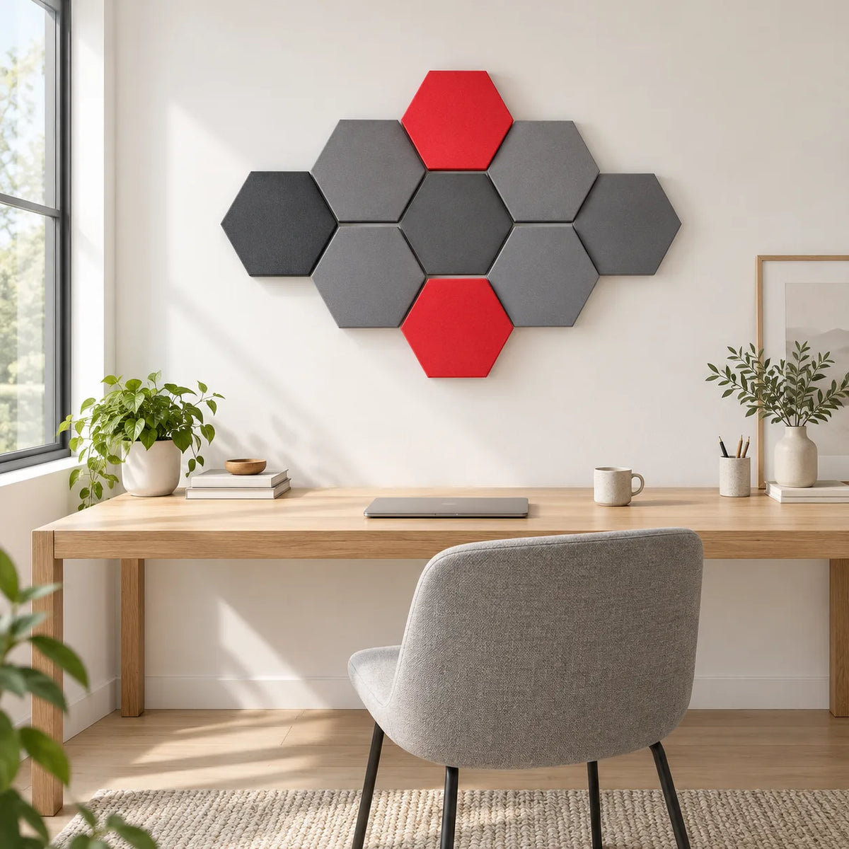 Velvet Hexa Dark Red über einem Schreibtisch.