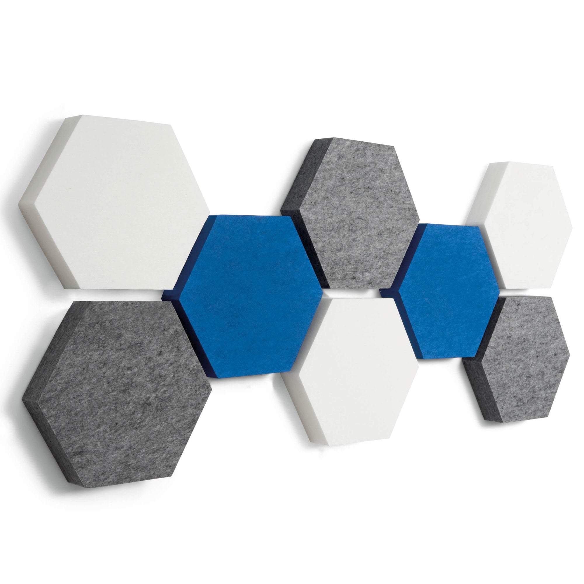 Fiber Hexa Set in Blue: Sechseck-Akustikelemente aus PET-Vlies in Blau, Grau meliert und Weiß