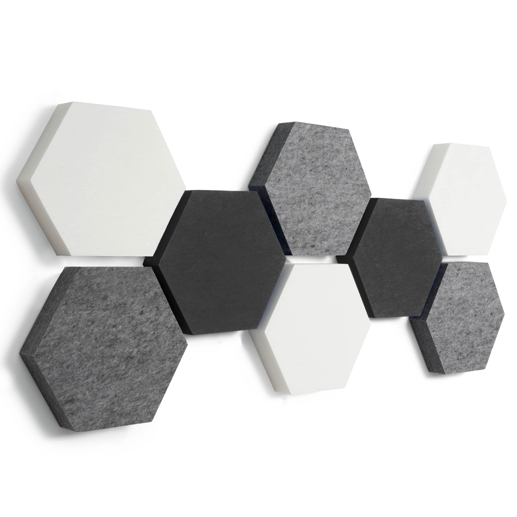 Fiber Hexa Set in Grey: Sechseck-Akustikelemente aus PET-Vlies in Schwarz, Grau meliert und Weiß