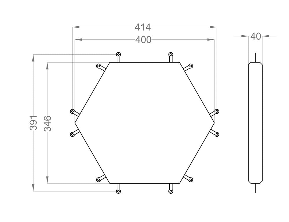 Maßzeichnung Fluffo Web Hexa: 400 × 346 mm, 40 mm stark