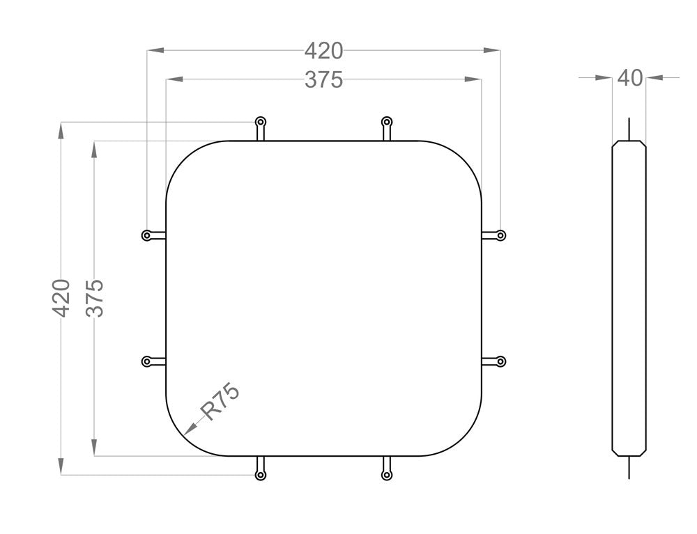 Maßzeichnung Fluffo Web Tele: 375 × 375 mm, 40 mm stark