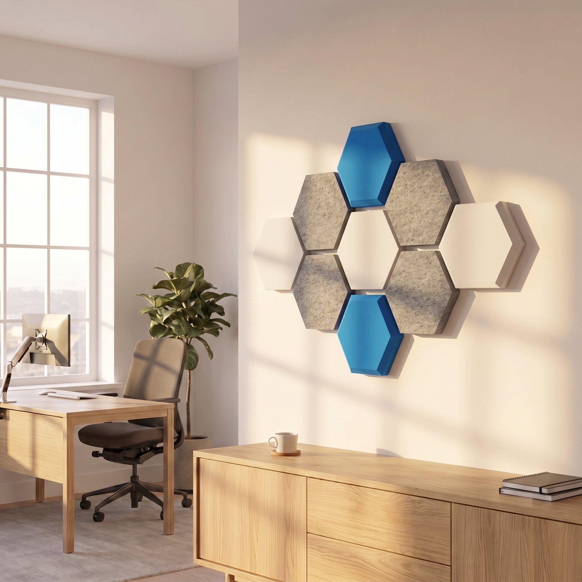 Hybrid Hexa Set mit blauen Akzenten im Arbeitszimmer über einem Sideboard