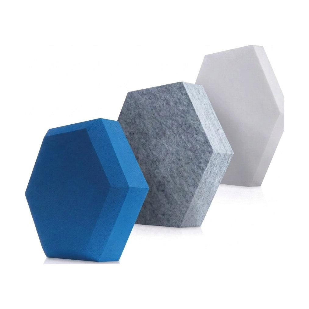 Hybrid Hexa: Sechseck-Elemente in Blau, Grau meliert und Weiß im Vergleich