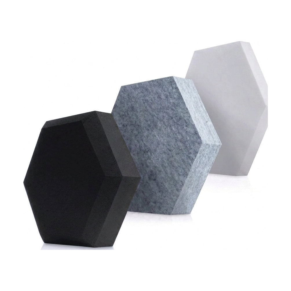 Hybrid Hexa: Sechseck-Elemente in Schwarz, Grau meliert und Weiß im Vergleich