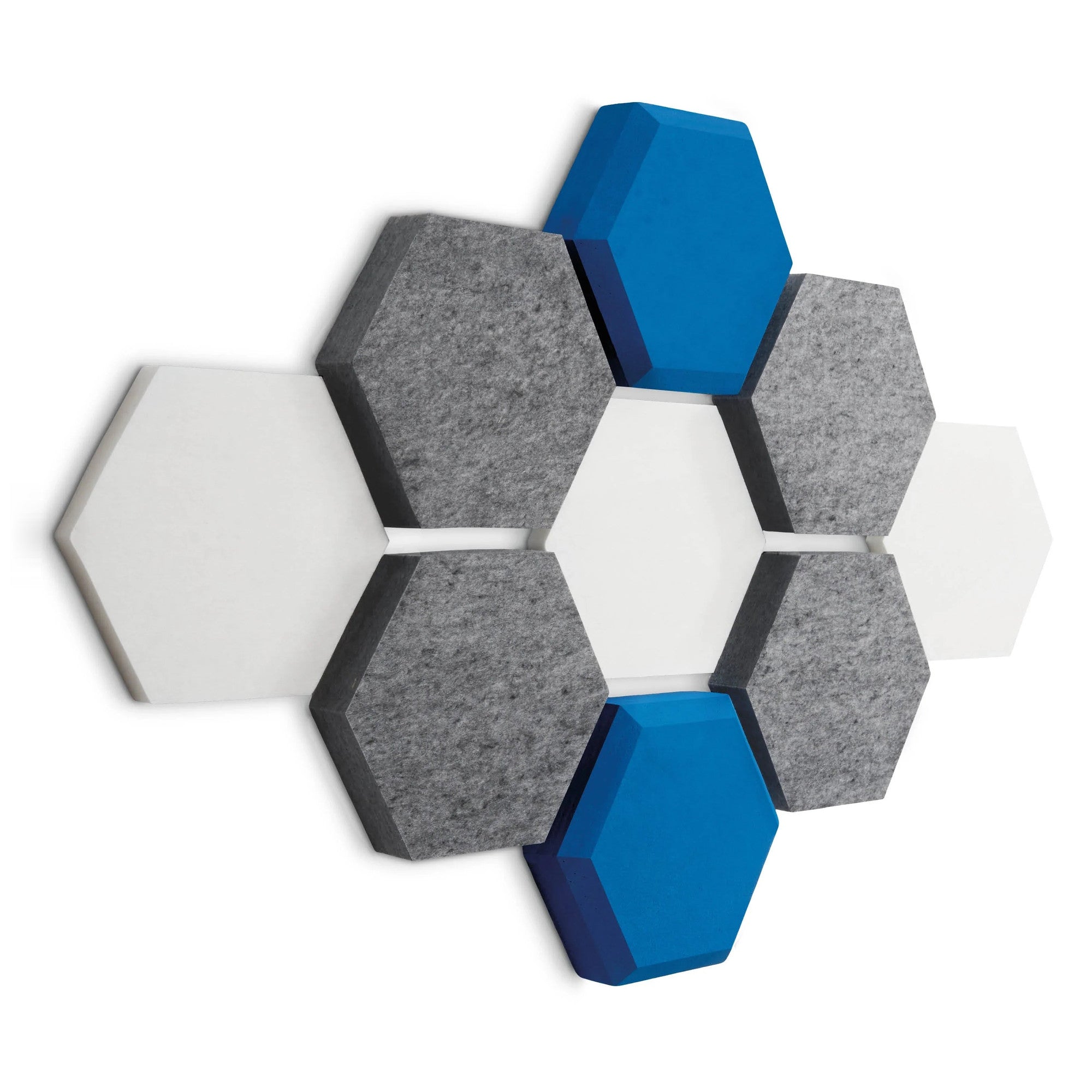 Hybrid Hexa 9er-Set in Blue: Sechseck-Rosette aus weißen, graumelierten und blauen Akustikpaneelen