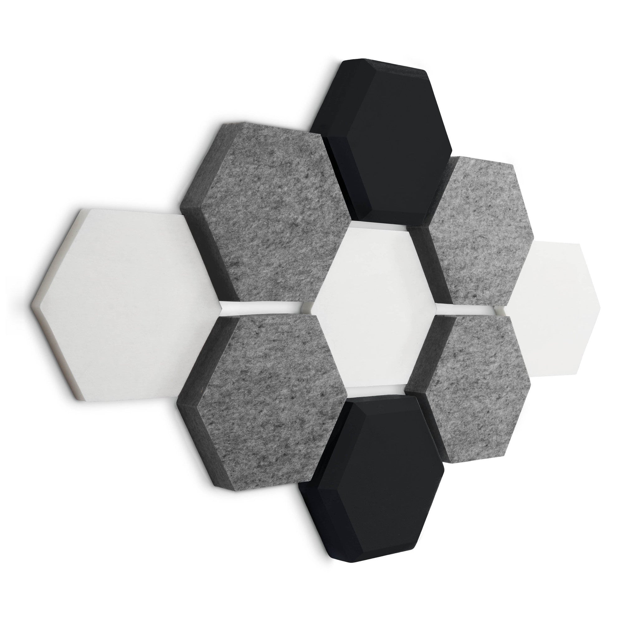 Hybrid Hexa 9er-Set in Grey: Sechseck-Rosette aus weißen, graumelierten und schwarzen Akustikpaneelen