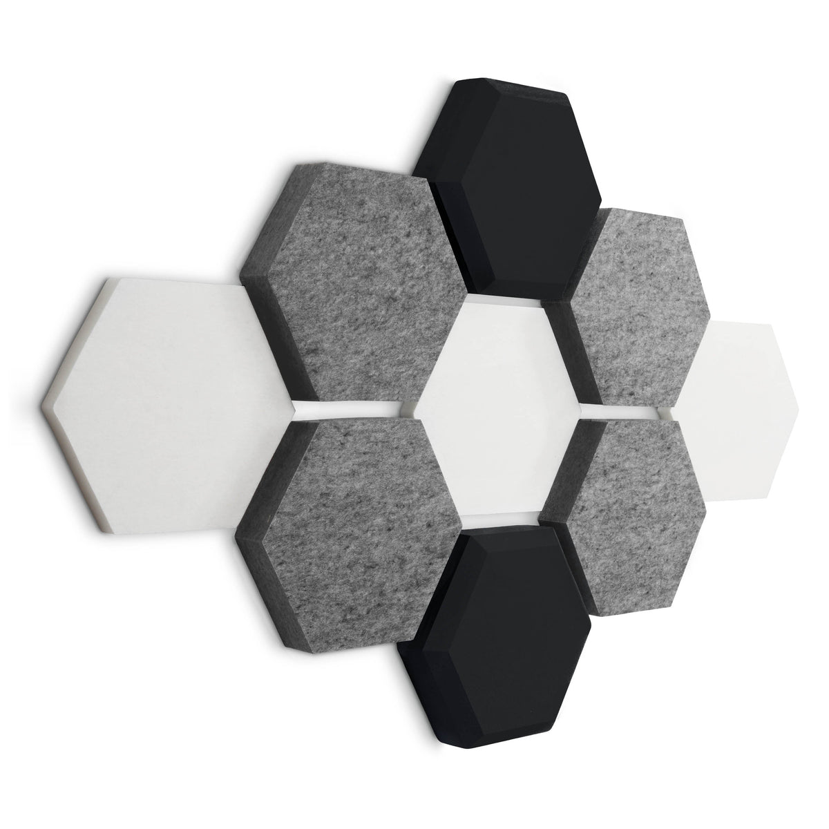 Hybrid Hexa 9er-Set in Grey: Sechseck-Rosette aus weißen, graumelierten und schwarzen Akustikpaneelen