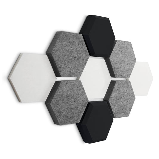 Hybrid Hexa 9er-Set in Grey: Sechseck-Rosette aus weißen, graumelierten und schwarzen Akustikpaneelen