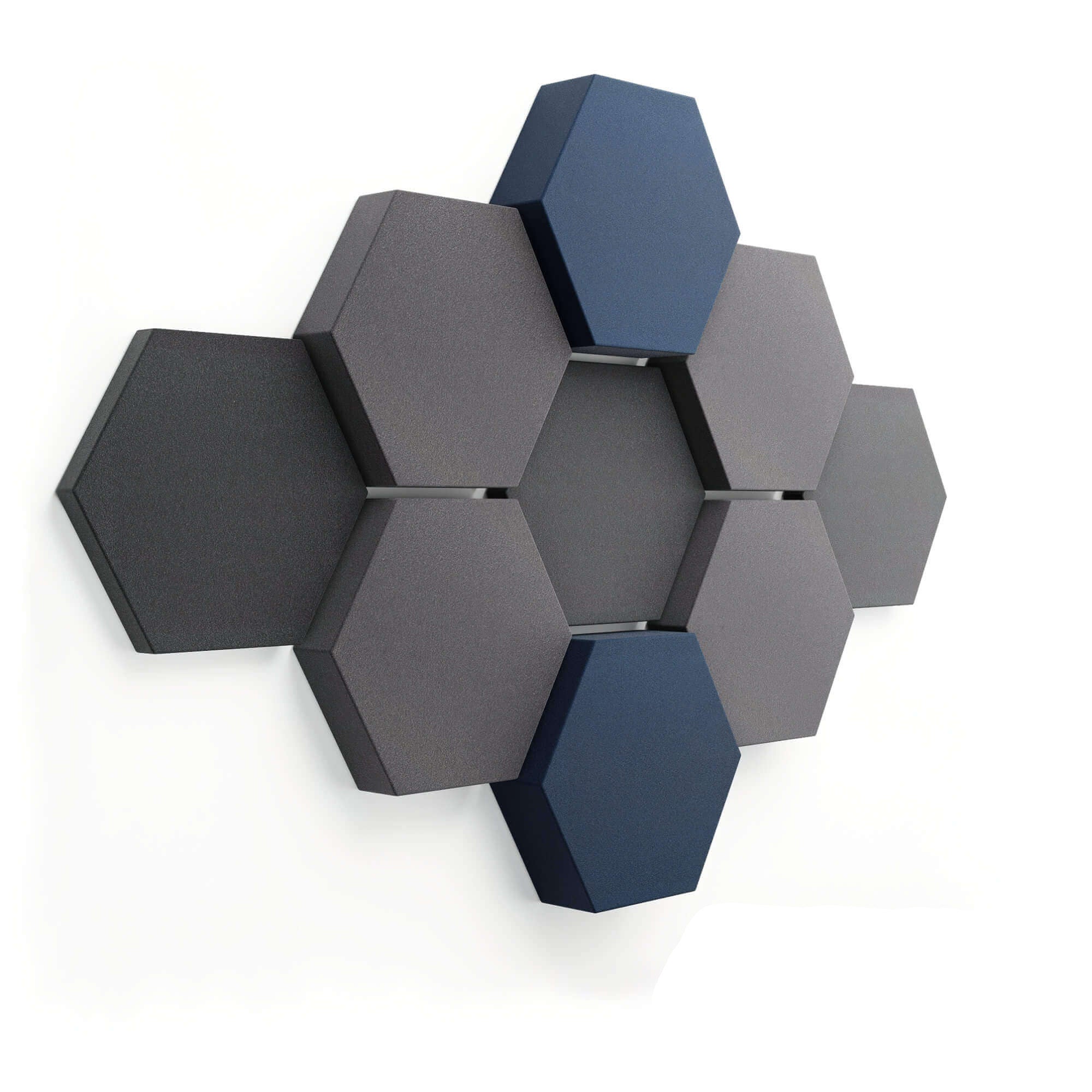 Velvet Hexa Dark (9er-Set) in Deepblue: Sechseck-Anordnung aus anthrazitfarbenen und dunkelgrauen Paneelen mit zwei dunkelblauen Akzenten