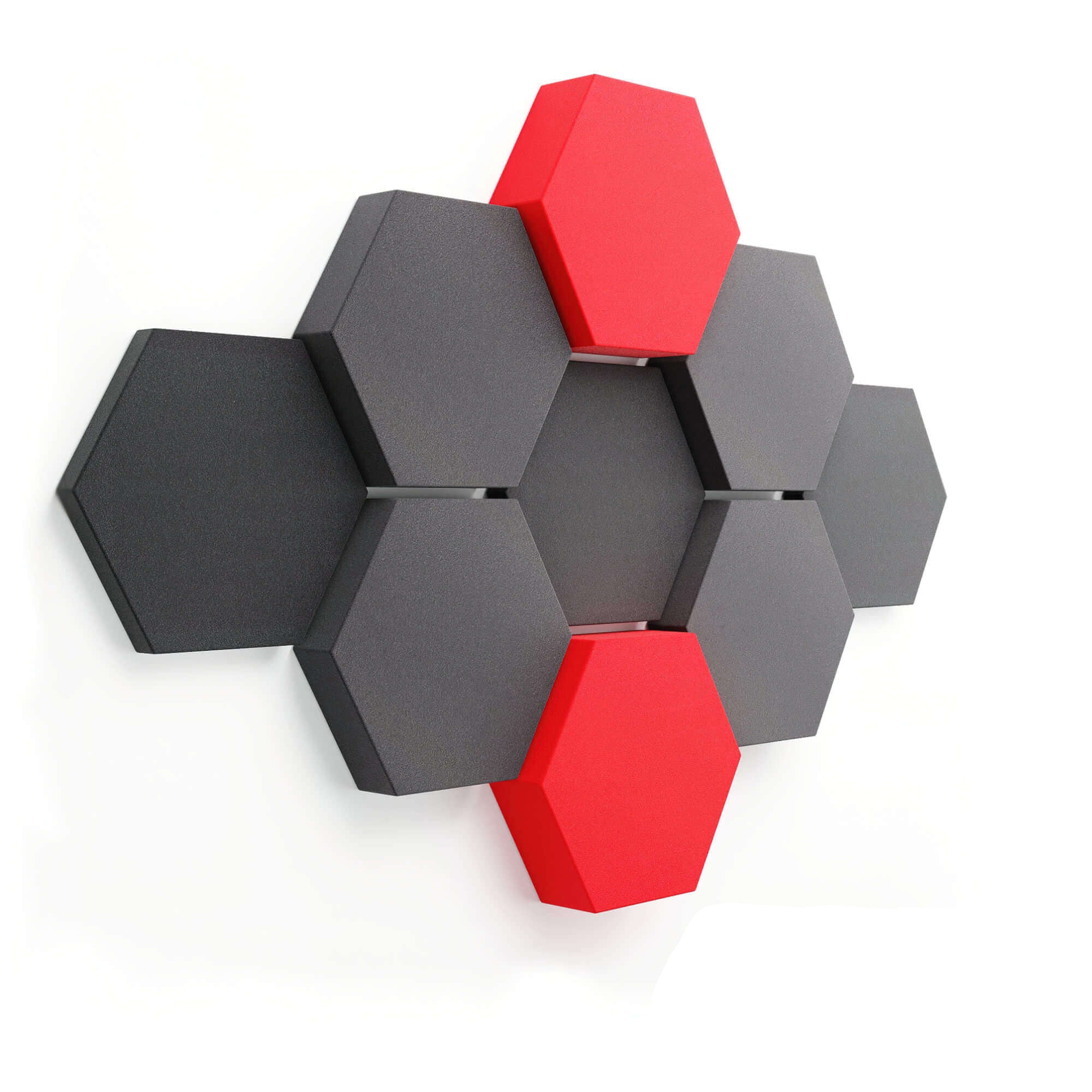 Velvet Hexa Dark (9er-Set) in Red: Sechseck-Anordnung aus anthrazitfarbenen und dunkelgrauen Paneelen mit zwei roten Akzenten