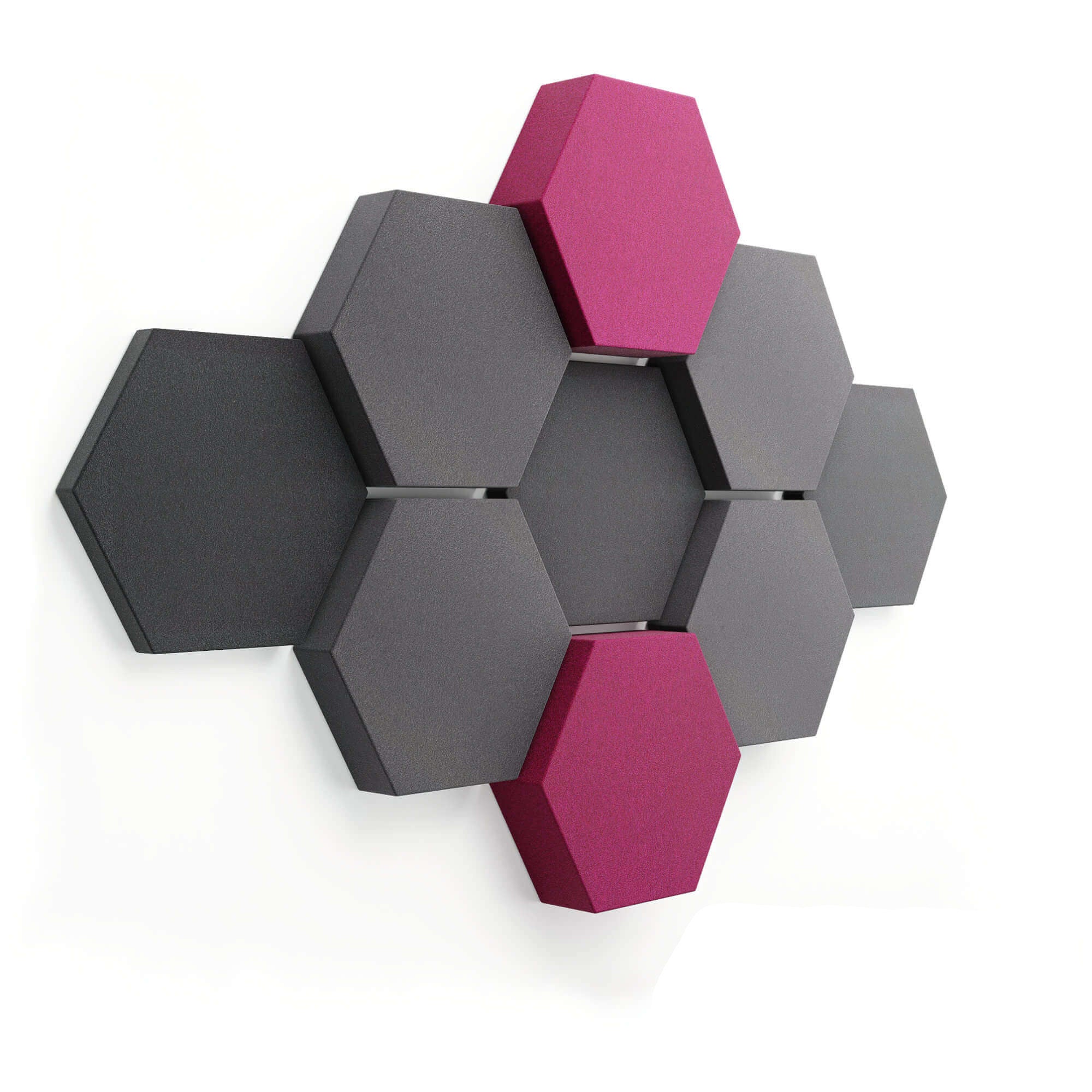 Velvet Hexa Dark (9er-Set) in Ruby: Sechseck-Anordnung aus anthrazitfarbenen und dunkelgrauen Paneelen mit zwei rubinroten Akzenten