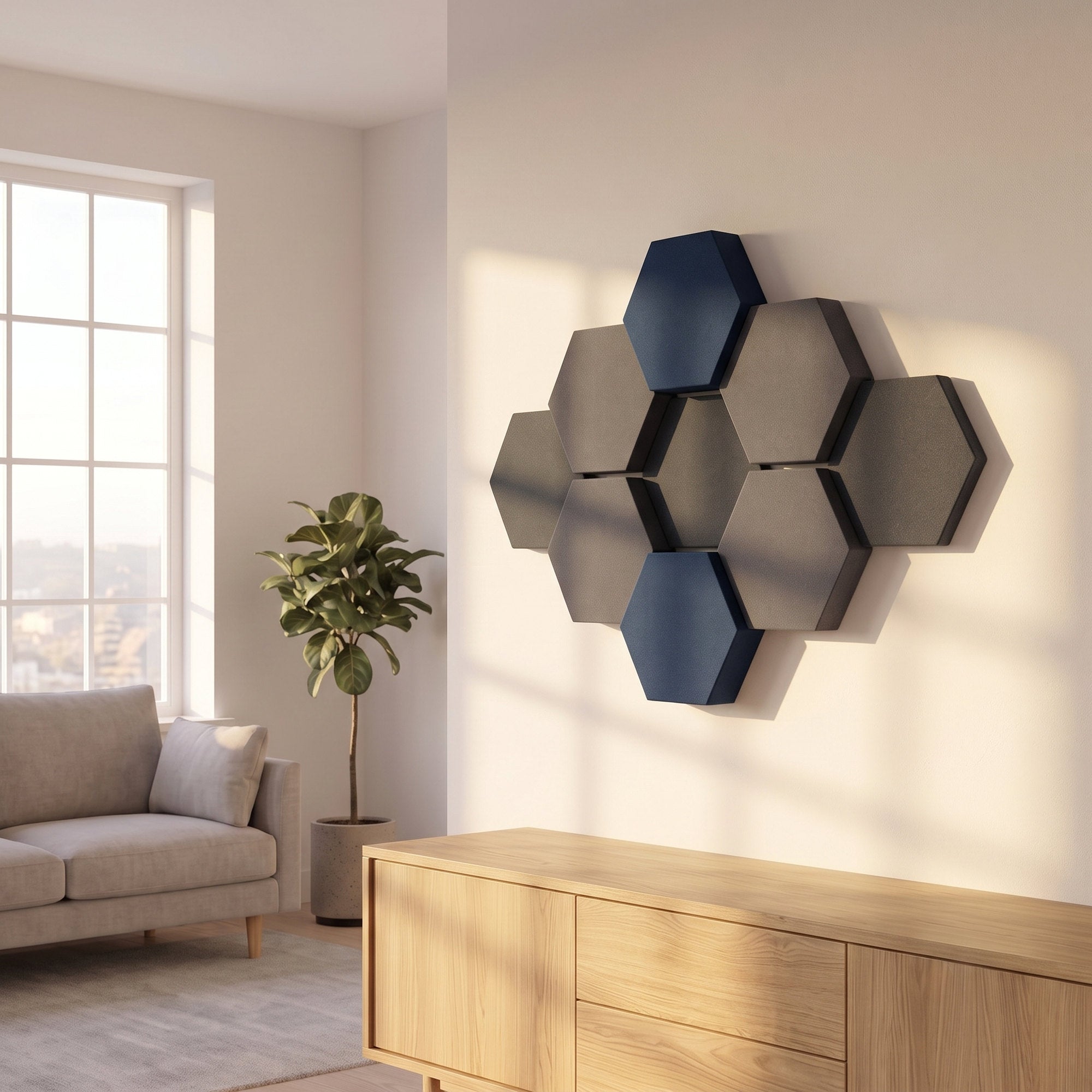 Velvet Hexa Dark mit dunkelblauen Akzenten an der Wohnzimmerwand über einem Sideboard