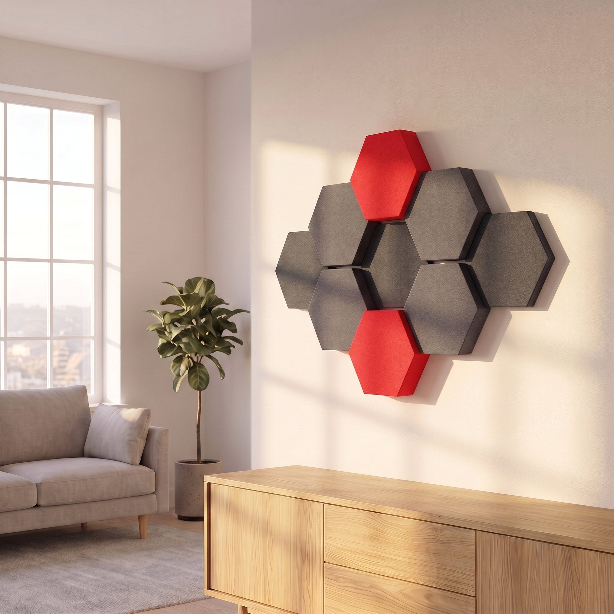 Velvet Hexa Dark mit roten Akzenten an der Wohnzimmerwand über einem Sideboard