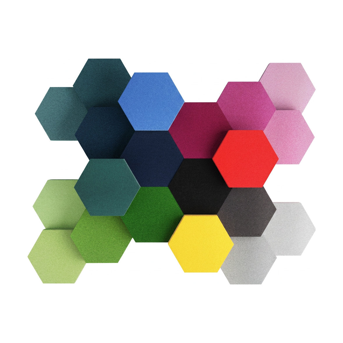 Velvet Hexa Akustikelemente in vielen Farben kombiniert