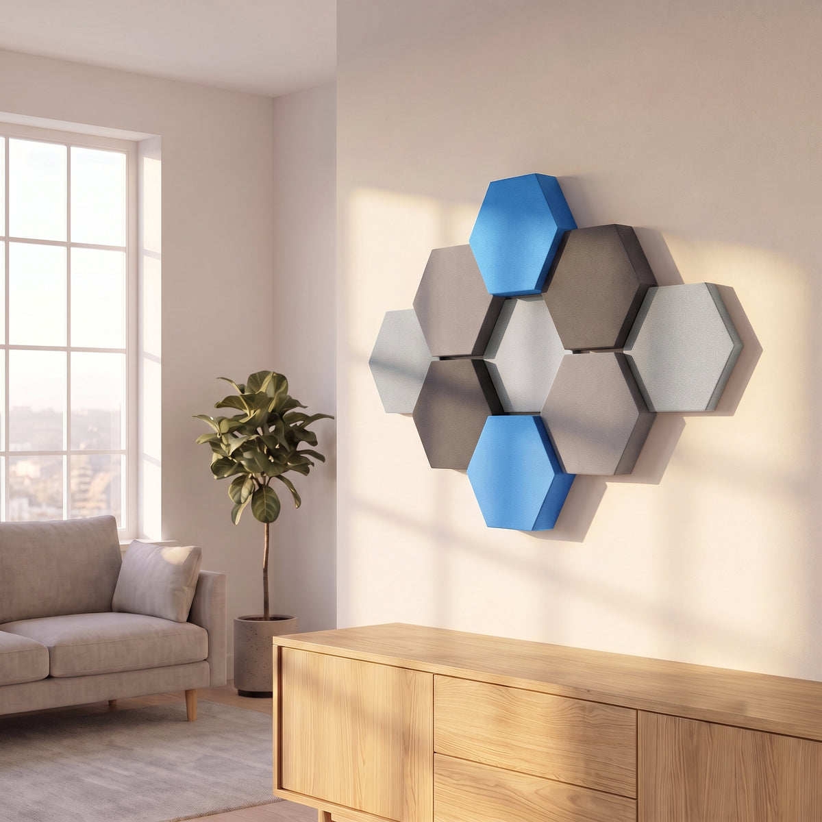 Velvet Hexa Light mit hellblauen Akzenten an der Wohnzimmerwand