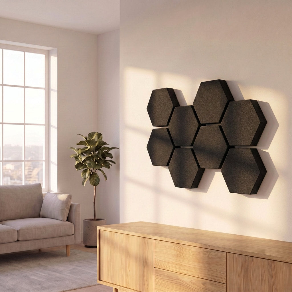 Velvet Hexa Onlys in Anthrazit an der Wohnzimmerwand über einem Sideboard