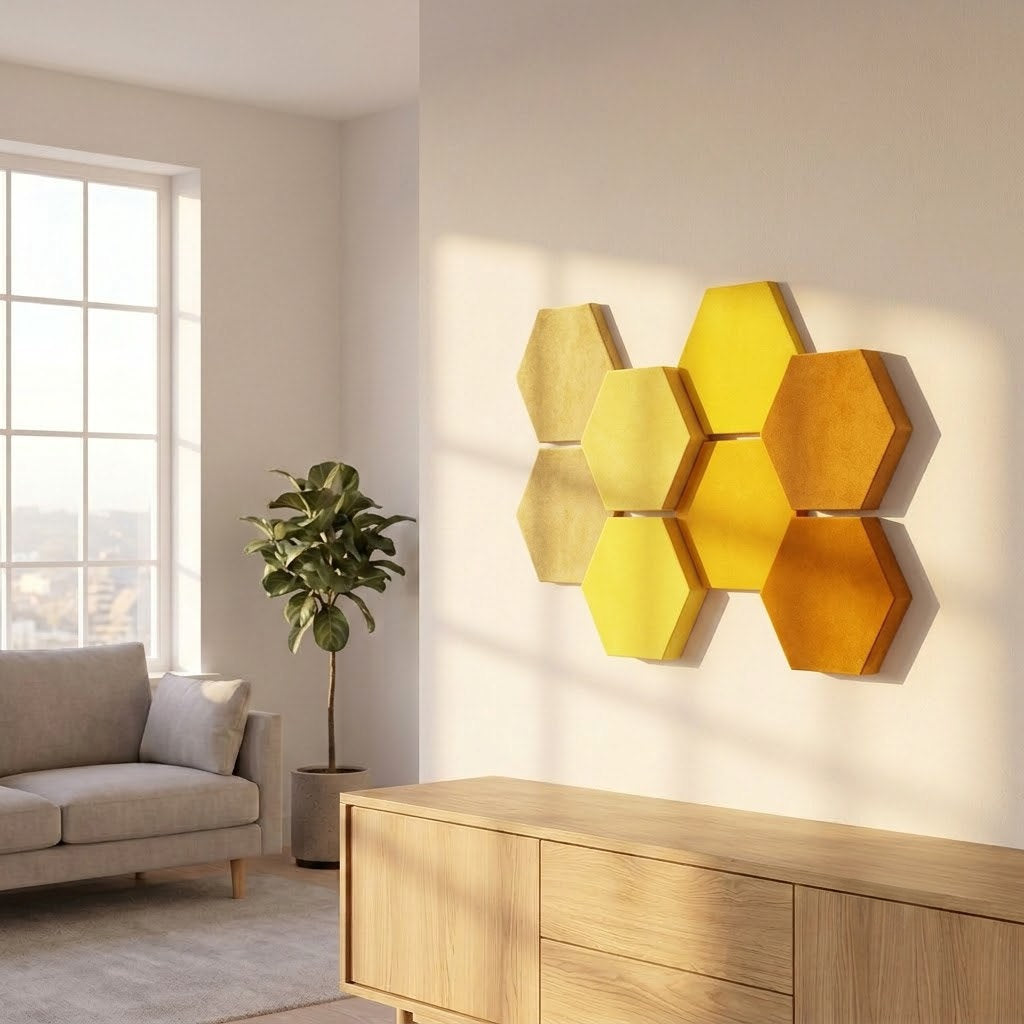 Velvet Hexa Shades in Gelb- und Orangetönen an der Wohnzimmerwand