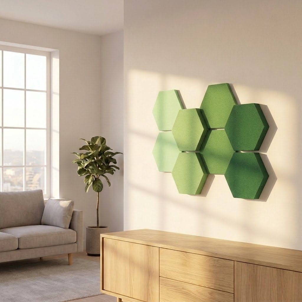 Velvet Hexa Shades in Grüntönen an der Wohnzimmerwand