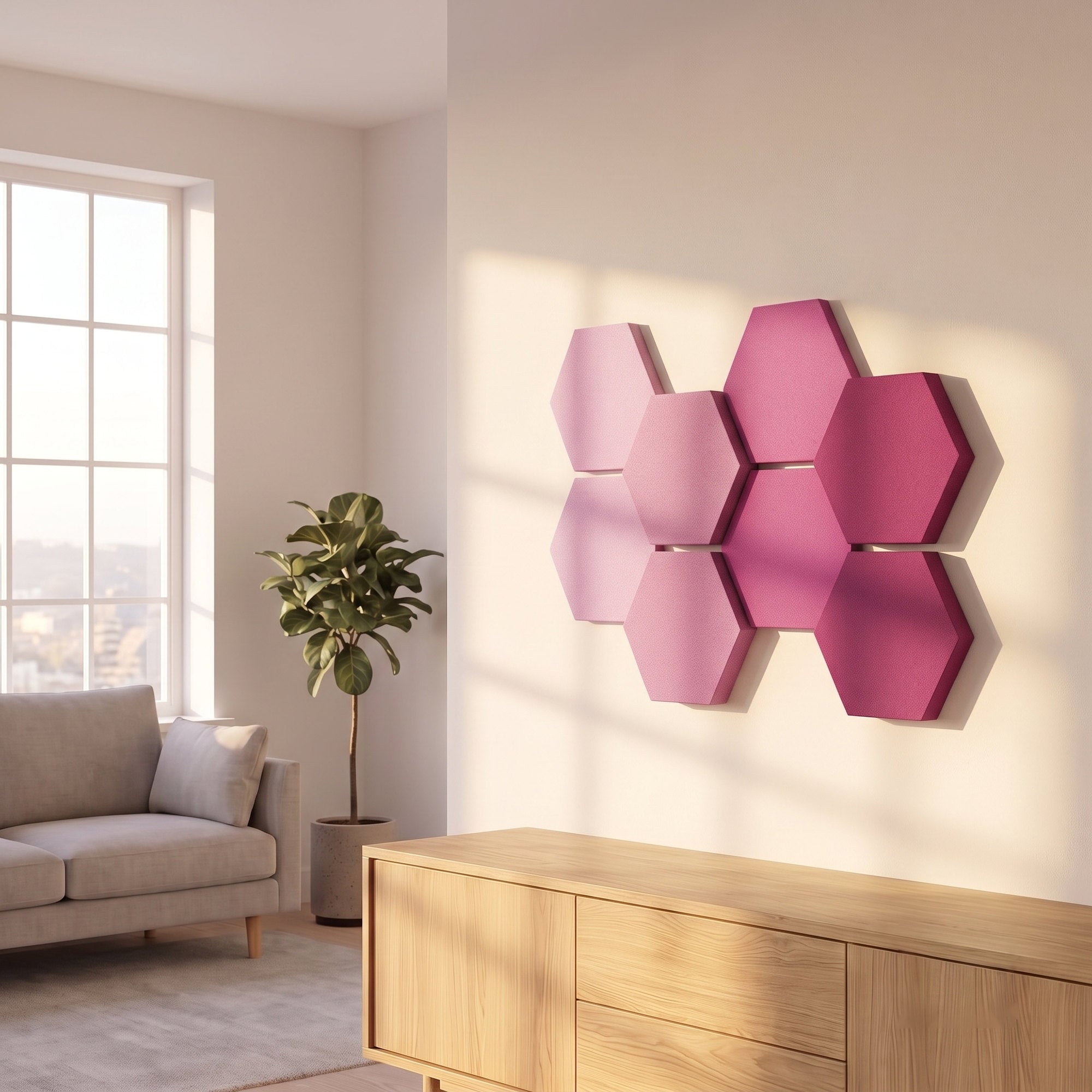 Velvet Hexa Shades in Pink- und Rosétönen an der Wohnzimmerwand
