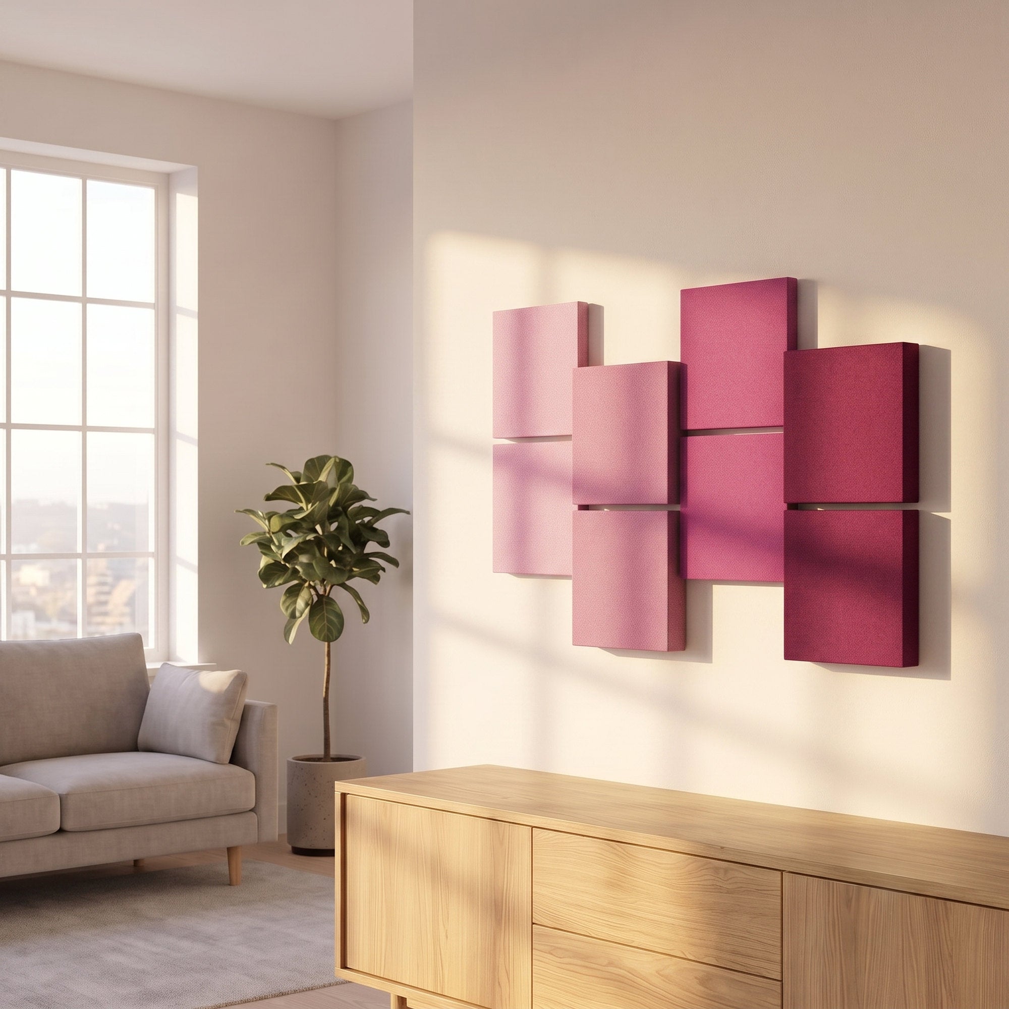 Velvet Pixel Shades in Pink- und Rosétönen an der Wohnzimmerwand