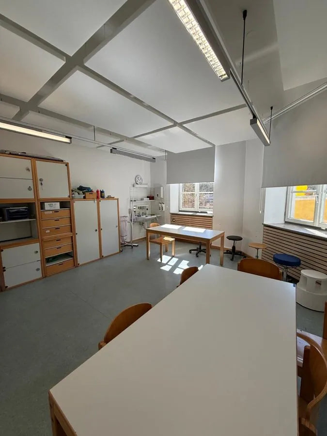 Ceiling absorbers above the tables in the group room of the Blindeninstitut München