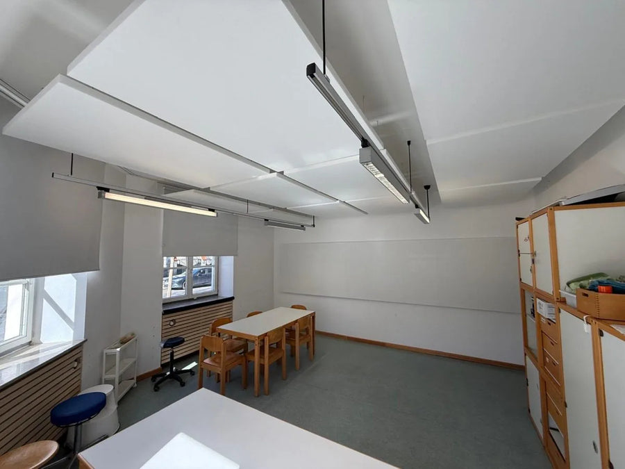 Group room with installed ceiling absorbers after the acoustic treatment