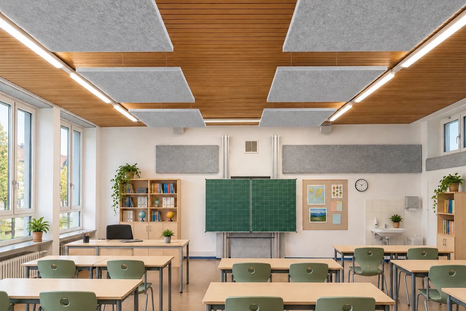 Fiber Sky Deckenpaneele in Silbergrau über den Tischreihen eines Klassenraums.