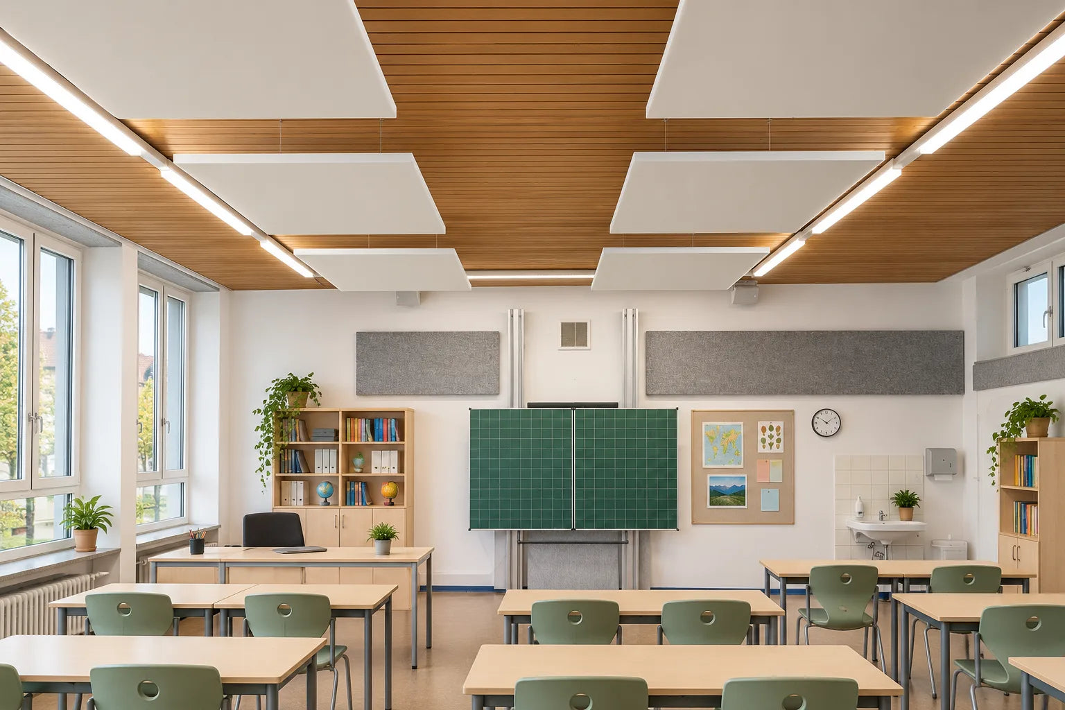 Fiber Sky Deckenpaneele in Weiß über den Tischreihen eines Klassenraums.