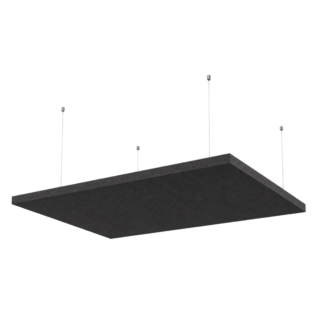 Fiber Sky in Schwarz, 1500×1000mm, mit feiner Drahtseilabhängung.
